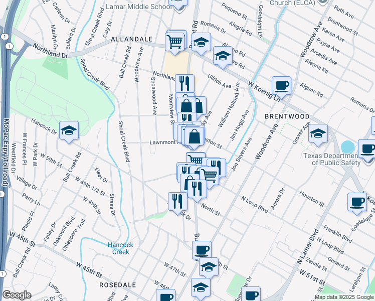 map of restaurants, bars, coffee shops, grocery stores, and more near 5310 Burnet Road in Austin