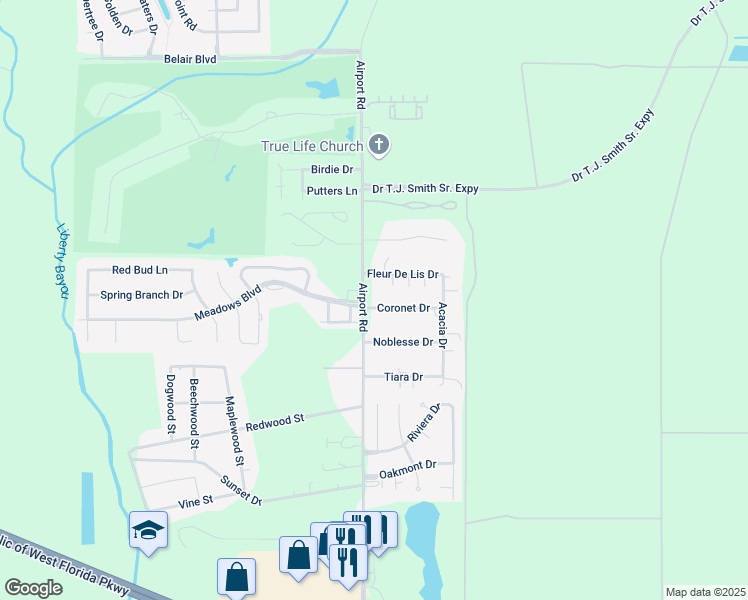 map of restaurants, bars, coffee shops, grocery stores, and more near 203 Coronet Drive in Slidell