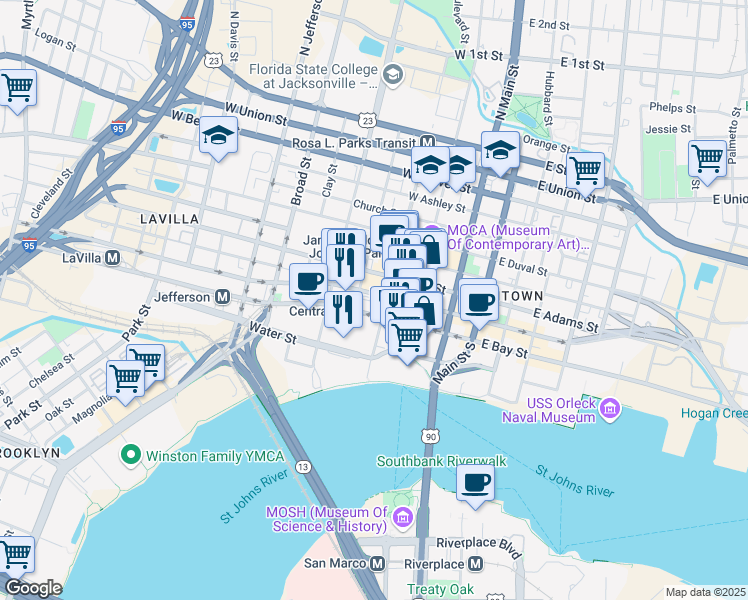 map of restaurants, bars, coffee shops, grocery stores, and more near 200 West Forsyth Street in Jacksonville