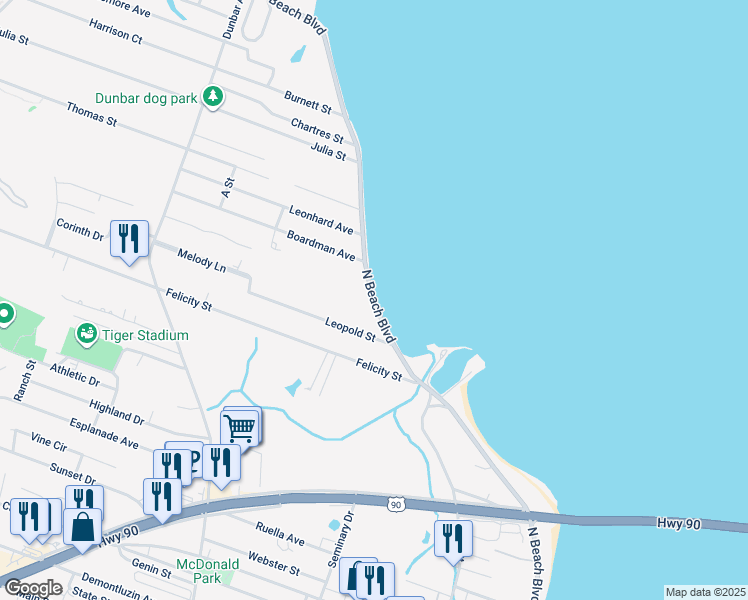 map of restaurants, bars, coffee shops, grocery stores, and more near 806 North Beach Boulevard in Bay Saint Louis