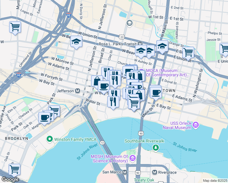 map of restaurants, bars, coffee shops, grocery stores, and more near 301 West Bay Street in Jacksonville