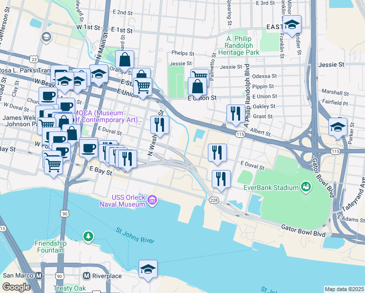 map of restaurants, bars, coffee shops, grocery stores, and more near 601 East Adams Street in Jacksonville