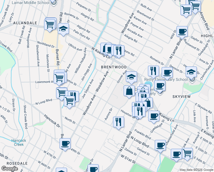 map of restaurants, bars, coffee shops, grocery stores, and more near 5600 Roosevelt Avenue in Austin