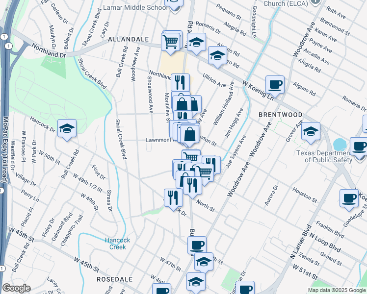 map of restaurants, bars, coffee shops, grocery stores, and more near 5308 1/2 Burnet Road in Austin