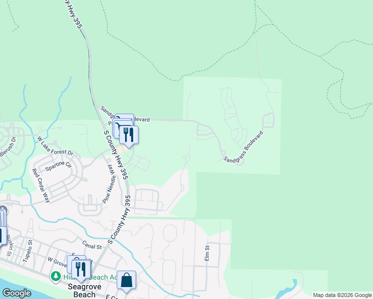 map of restaurants, bars, coffee shops, grocery stores, and more near 25 Muhly Circle in Santa Rosa Beach