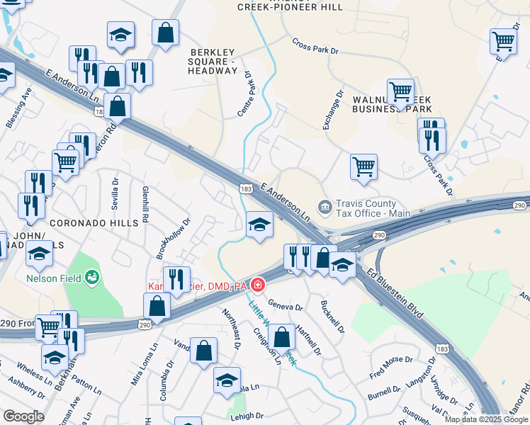 map of restaurants, bars, coffee shops, grocery stores, and more near 2215 East Anderson Lane in Austin