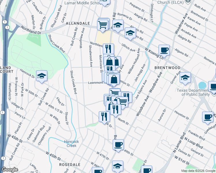 map of restaurants, bars, coffee shops, grocery stores, and more near 5352 Burnet Road in Austin