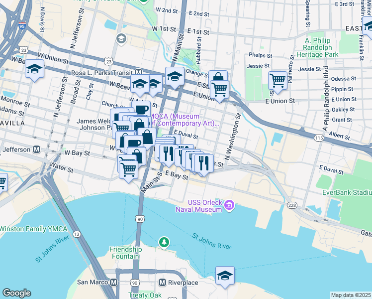 map of restaurants, bars, coffee shops, grocery stores, and more near 219 Newnan Street in Jacksonville