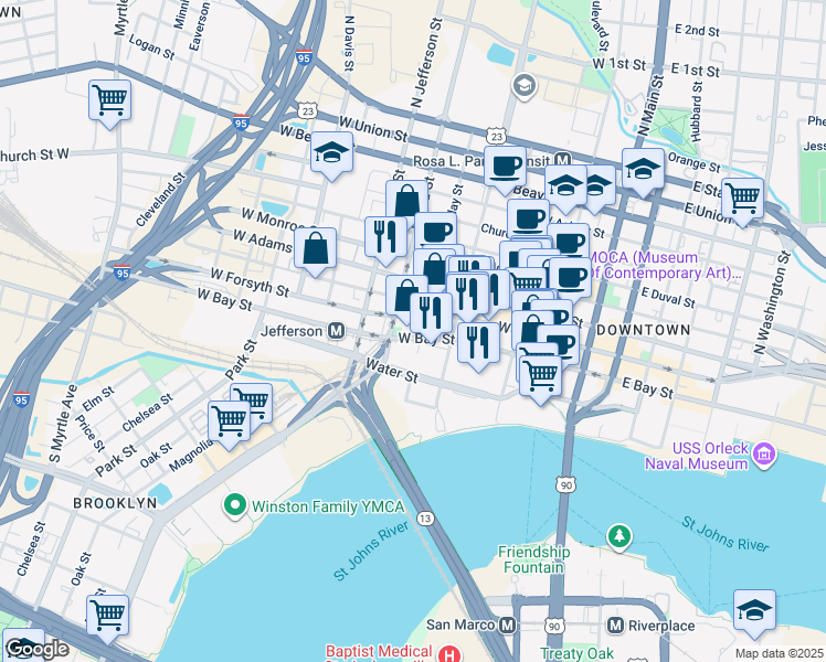 map of restaurants, bars, coffee shops, grocery stores, and more near 541 Water Street in Jacksonville