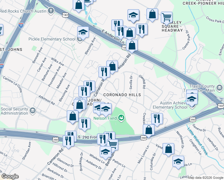 map of restaurants, bars, coffee shops, grocery stores, and more near 1443 Coronado Hills Drive in Austin