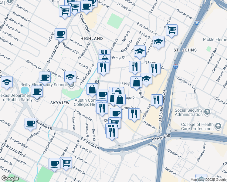 map of restaurants, bars, coffee shops, grocery stores, and more near 1000 Denson Drive in Austin