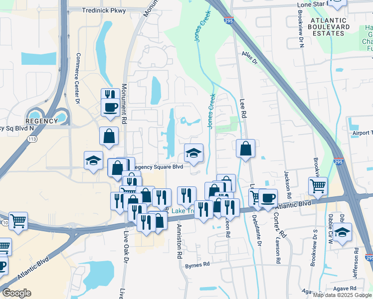 map of restaurants, bars, coffee shops, grocery stores, and more near 318 Raleigh Road in Jacksonville