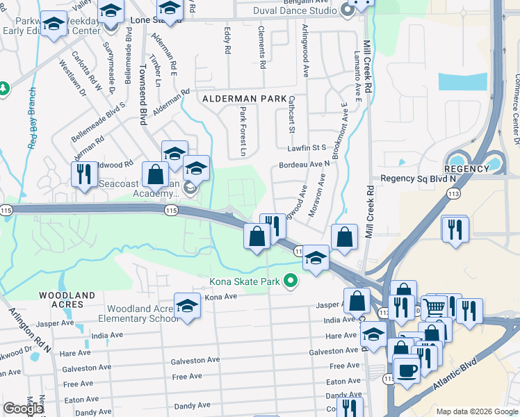 map of restaurants, bars, coffee shops, grocery stores, and more near 8237 Arlington Expressway in Jacksonville