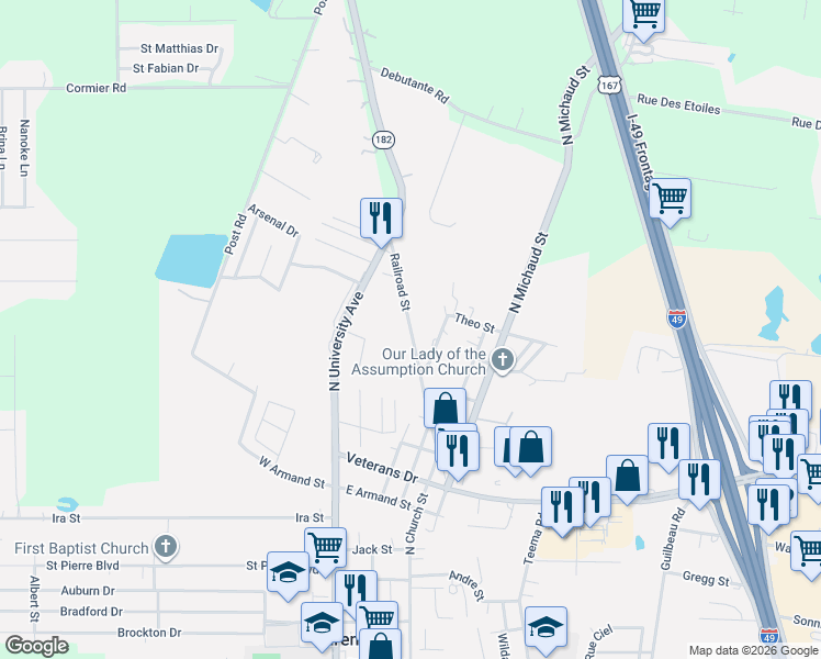 map of restaurants, bars, coffee shops, grocery stores, and more near 508 Theo St in Carencro