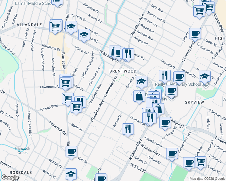 map of restaurants, bars, coffee shops, grocery stores, and more near 5600 Roosevelt Avenue in Austin