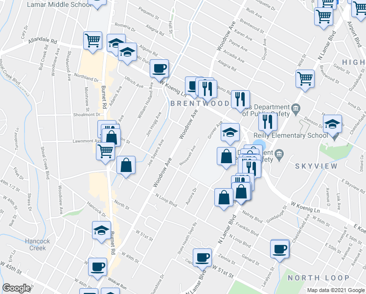 map of restaurants, bars, coffee shops, grocery stores, and more near 5600 Roosevelt Avenue in Austin