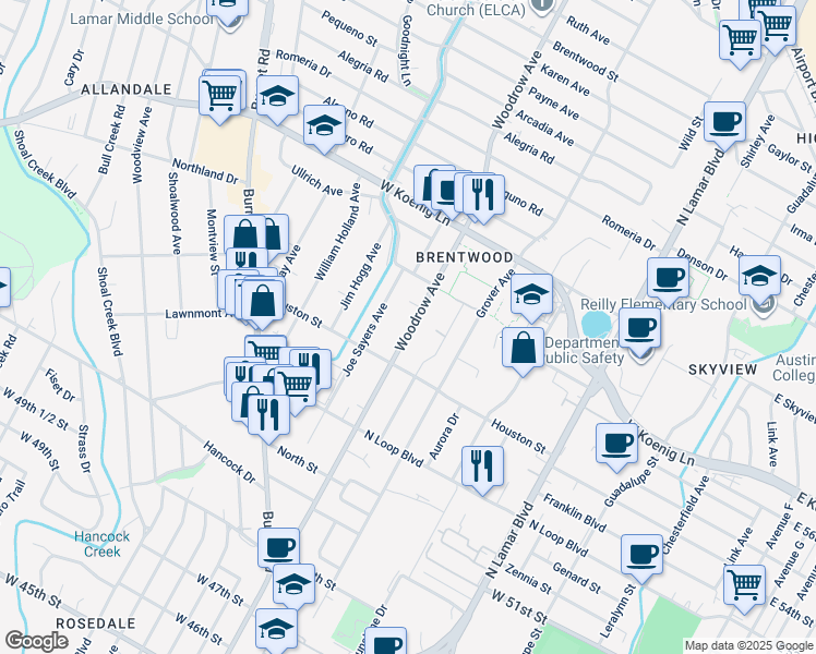 map of restaurants, bars, coffee shops, grocery stores, and more near 5509b Woodrow Avenue in Austin