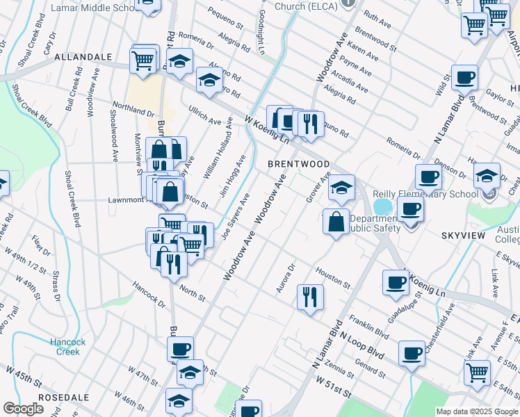 map of restaurants, bars, coffee shops, grocery stores, and more near 5509b Woodrow Avenue in Austin