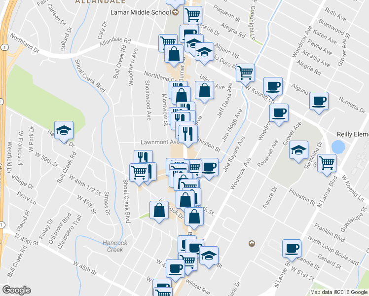 map of restaurants, bars, coffee shops, grocery stores, and more near 5352 Burnet Road in Austin