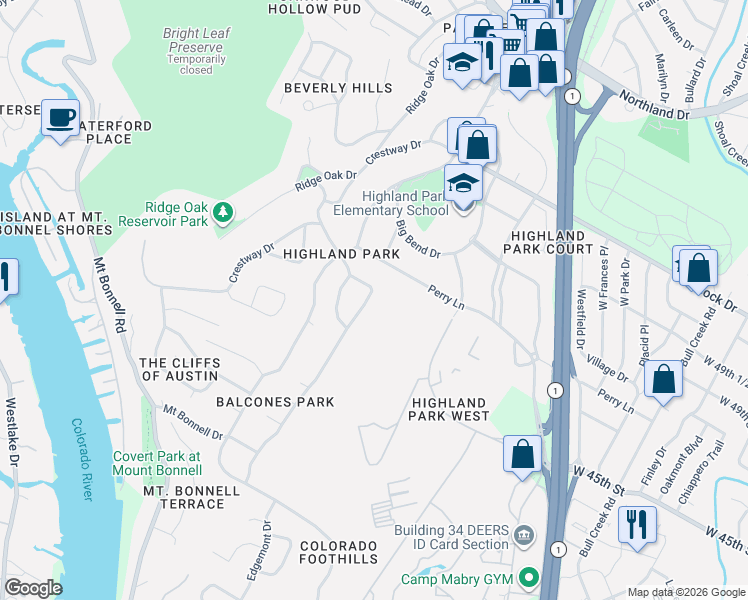 map of restaurants, bars, coffee shops, grocery stores, and more near 4605 Edgemont Drive in Austin