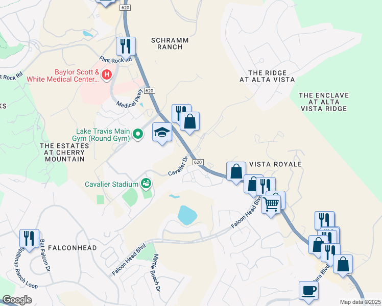 map of restaurants, bars, coffee shops, grocery stores, and more near Cavalier Drive in Lakeway
