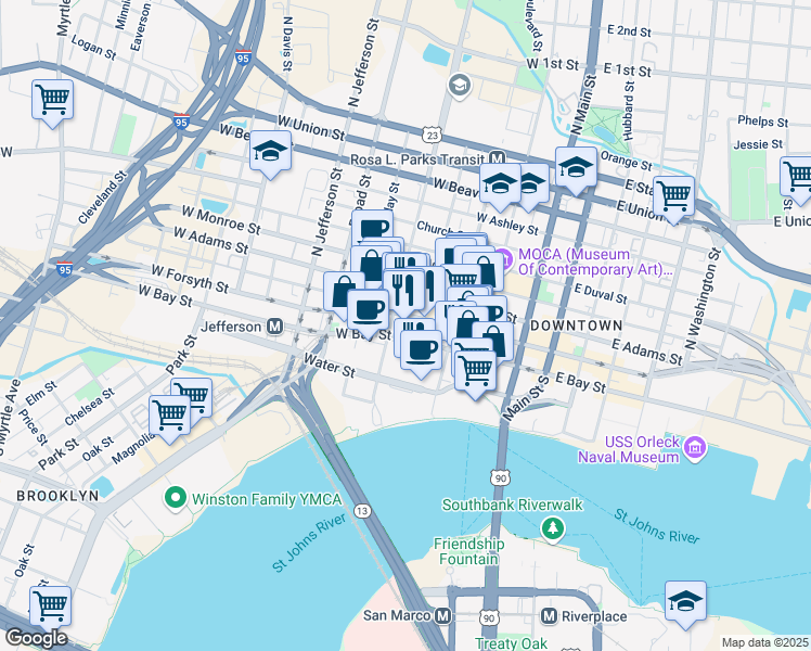 map of restaurants, bars, coffee shops, grocery stores, and more near 301 West Bay Street in Jacksonville