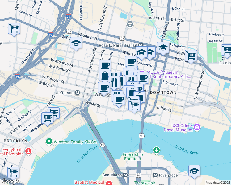 map of restaurants, bars, coffee shops, grocery stores, and more near 301 West Bay Street in Jacksonville