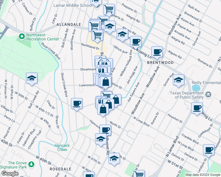 map of restaurants, bars, coffee shops, grocery stores, and more near 5402 William Holland Avenue in Austin