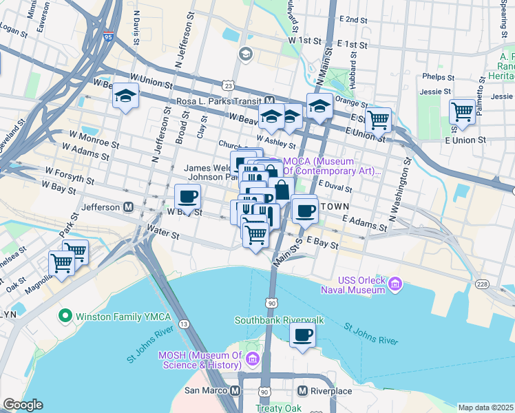 map of restaurants, bars, coffee shops, grocery stores, and more near 50n North Laura Street in Jacksonville