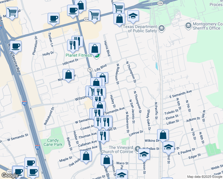 map of restaurants, bars, coffee shops, grocery stores, and more near 501 Wilson Road in Conroe