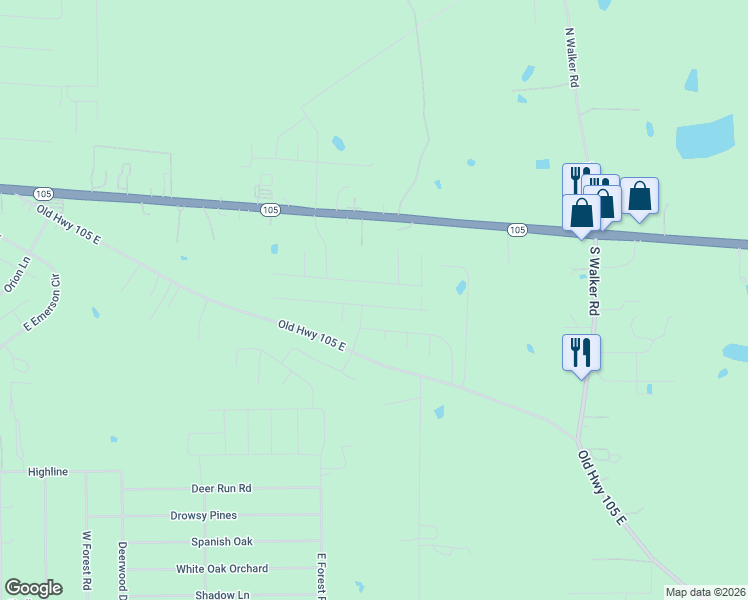 map of restaurants, bars, coffee shops, grocery stores, and more near 17609 Reno Road in Conroe