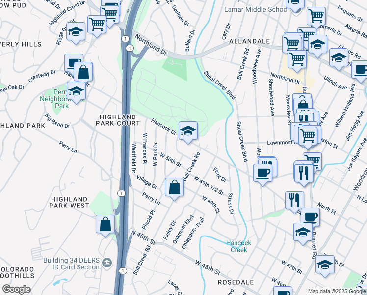 map of restaurants, bars, coffee shops, grocery stores, and more near 2807 West Fresco Drive in Austin
