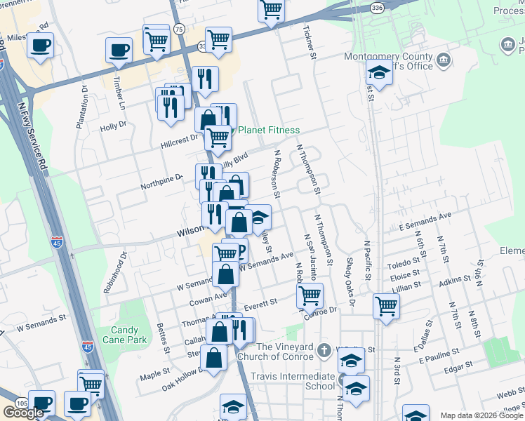 map of restaurants, bars, coffee shops, grocery stores, and more near 501 Wilson Road in Conroe