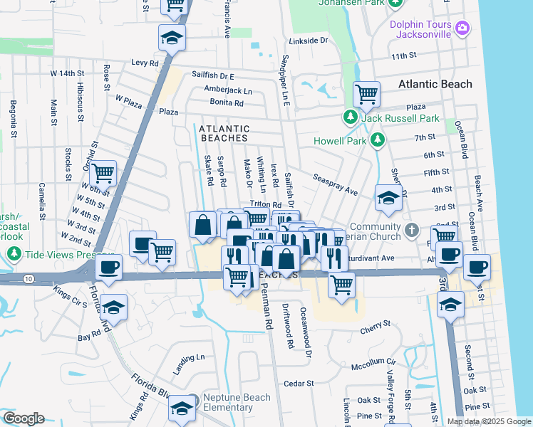 map of restaurants, bars, coffee shops, grocery stores, and more near 747 Vecuna Road in Atlantic Beach