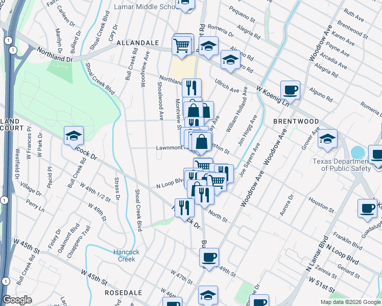 map of restaurants, bars, coffee shops, grocery stores, and more near 5350 Burnet Road in Austin