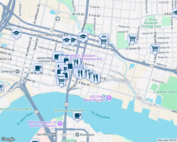 map of restaurants, bars, coffee shops, grocery stores, and more near 219 Newnan Street in Jacksonville