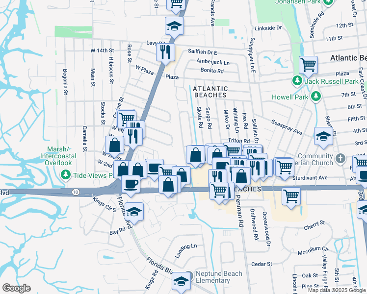map of restaurants, bars, coffee shops, grocery stores, and more near Aquatic Drive in Atlantic Beach