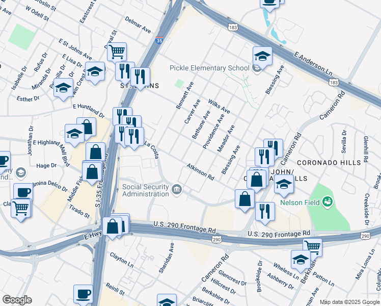 map of restaurants, bars, coffee shops, grocery stores, and more near 6900 Providence Avenue in Austin
