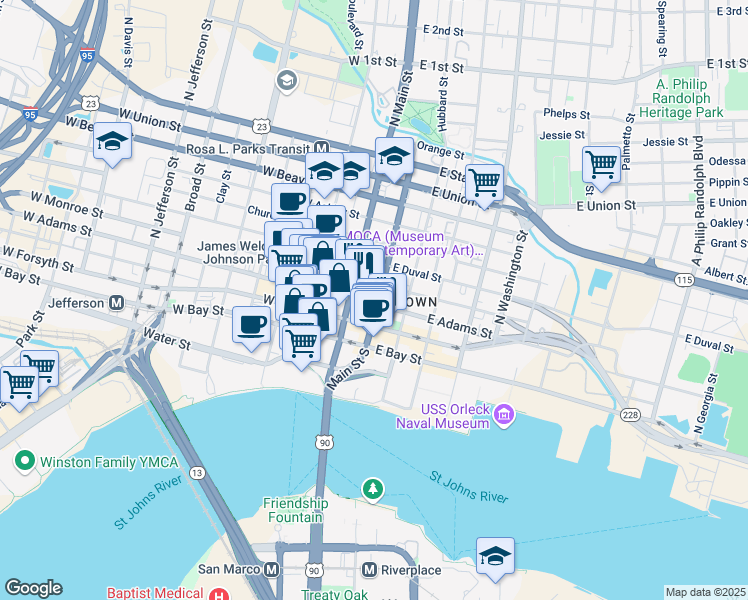 map of restaurants, bars, coffee shops, grocery stores, and more near 40 East Adams Street in Jacksonville