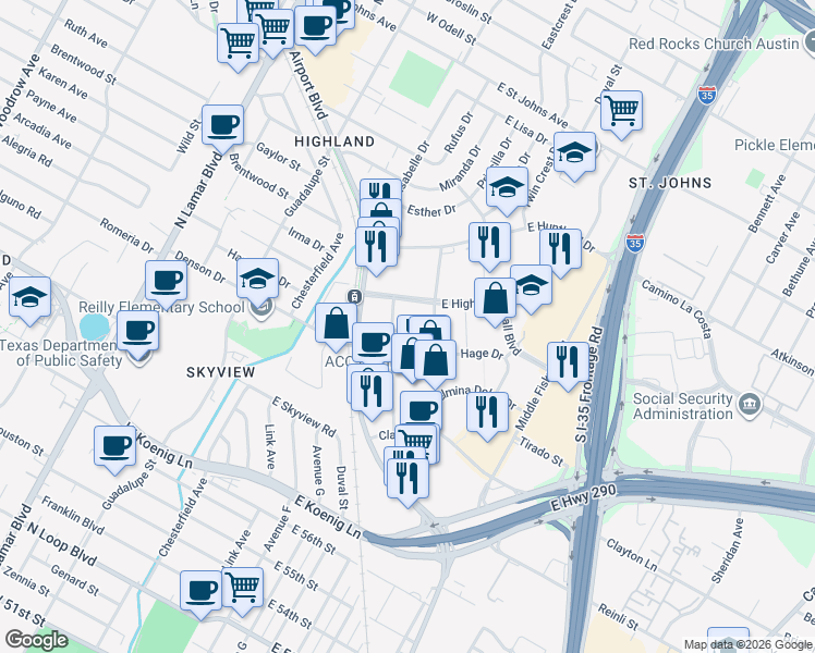 map of restaurants, bars, coffee shops, grocery stores, and more near 112 Will Davis Drive in Austin
