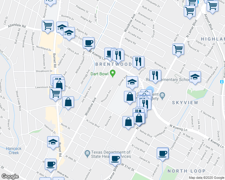 map of restaurants, bars, coffee shops, grocery stores, and more near 5609 Roosevelt Avenue in Austin