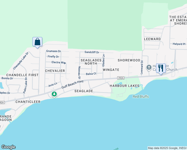 map of restaurants, bars, coffee shops, grocery stores, and more near 1111 Balsa Court in Pensacola