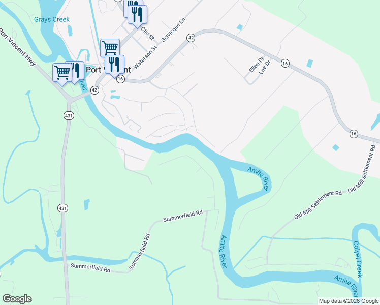 map of restaurants, bars, coffee shops, grocery stores, and more near 17523 Summerfield Road in Prairieville