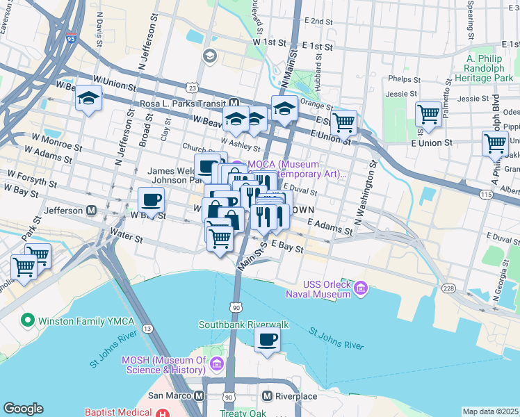 map of restaurants, bars, coffee shops, grocery stores, and more near 11 East Adams Street in Jacksonville