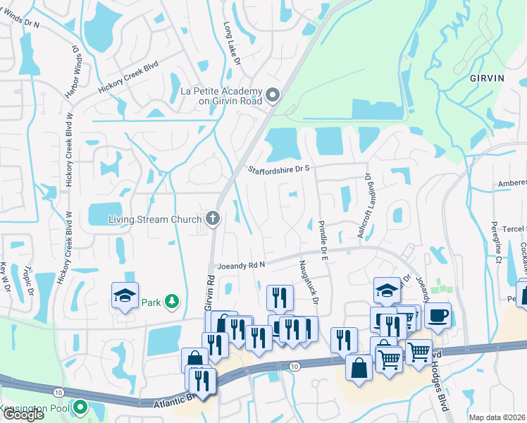 map of restaurants, bars, coffee shops, grocery stores, and more near 268 Melissa Ray Drive in Jacksonville