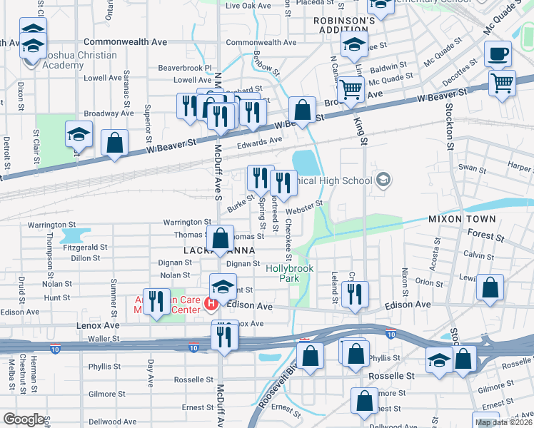 map of restaurants, bars, coffee shops, grocery stores, and more near 229 Shortreed Street in Jacksonville