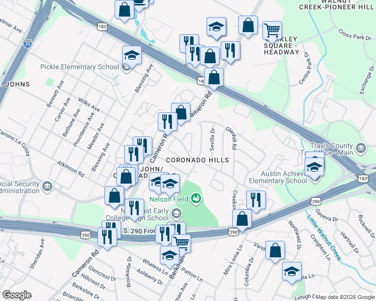 map of restaurants, bars, coffee shops, grocery stores, and more near 1438 Coronado Hills Drive in Austin