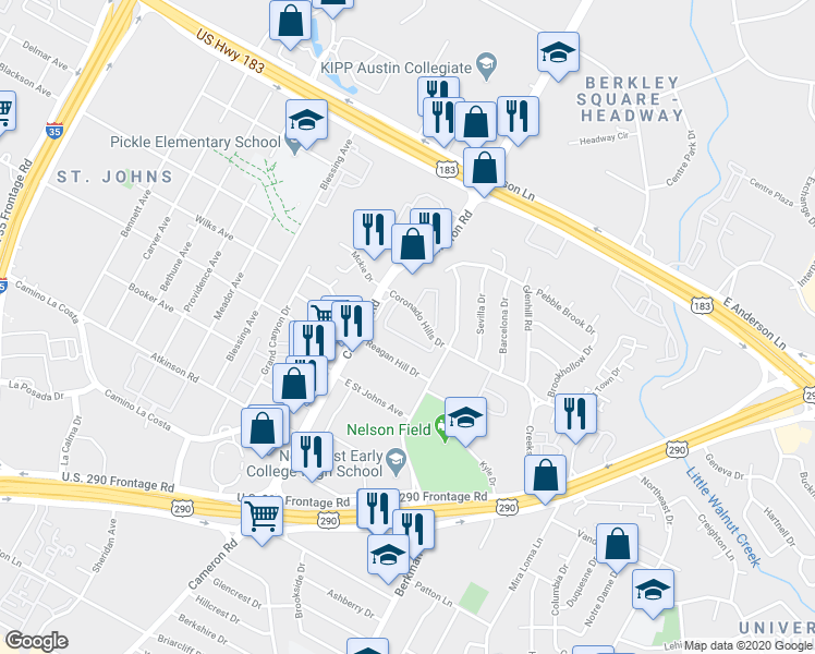 map of restaurants, bars, coffee shops, grocery stores, and more near 1506 Reagan Hill Drive in Austin