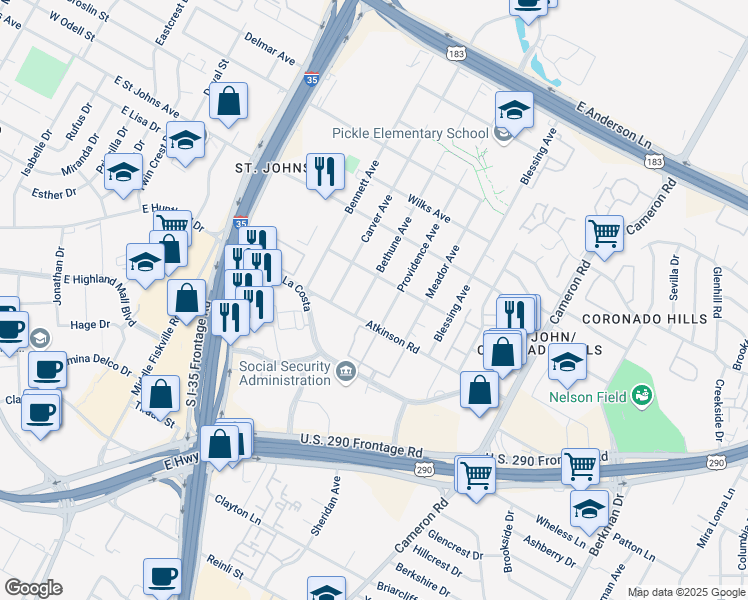 map of restaurants, bars, coffee shops, grocery stores, and more near 6900 Providence Avenue in Austin