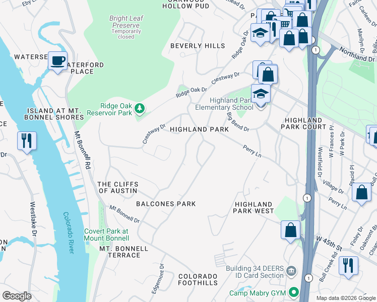 map of restaurants, bars, coffee shops, grocery stores, and more near 4604 Madrona Drive in Austin